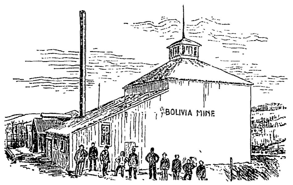 This is not a photo per say, more like a line drawing of people posing in front of the shaft house of the Bolivia Mine.