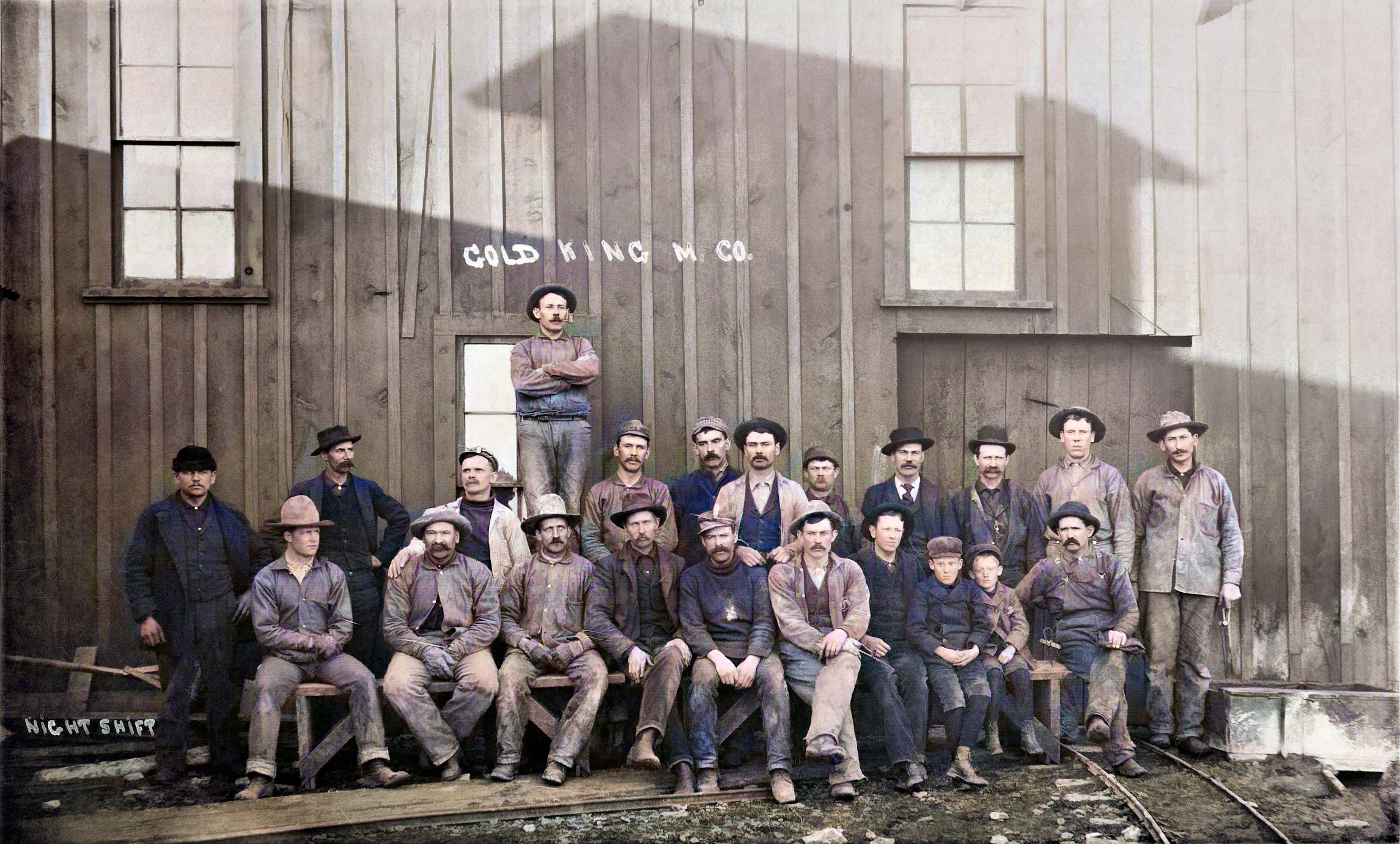 Gold King Mining Company's Night Shift Posing in the Shadow From the Blacksmith Shed in Front of the Shaft House