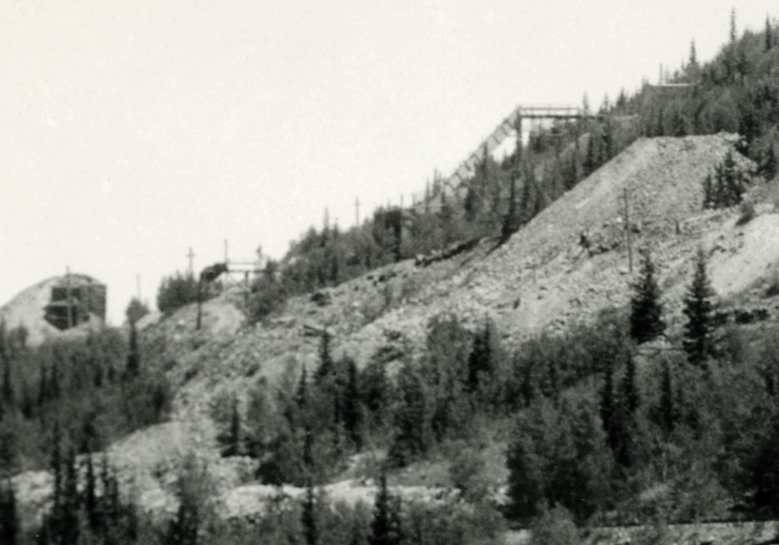 This long-range Close-up view of the Victor Mine operations, is sadly not a good view, but most views I have of operations at this mine is of this type, taken from far away. Taken from a 1200dpi scan of a 1934-ish Press Photo used in some unknown Newspaper, it shows lot of tree growth hiding away the dumps and what is left of structures at this mine.
   There appears to be some sort of work going on at higher grounds, seeing that trestle work and the chute on the right upper part of this view, dropping down to more familiar height of the old Victor mine structure, as that was, based on old images, more in same height as the top of the crib-wall seen near middle top/down and left-hand edge of this image. Seems to possible be an Ore-bin at the bottom of that wooden chute down from the platform on the right top side of this image. That Ore-bin is located about center of image.
   A little bit more then 1/3 up from bottom of image the mainline of the old Golden Circle, now Midland Terminal standard gauge, can be seen, and in foreground right lower corner the switchback side-spur down to the Isabella Mine ore-bins can be seen partly before trees cover it all.