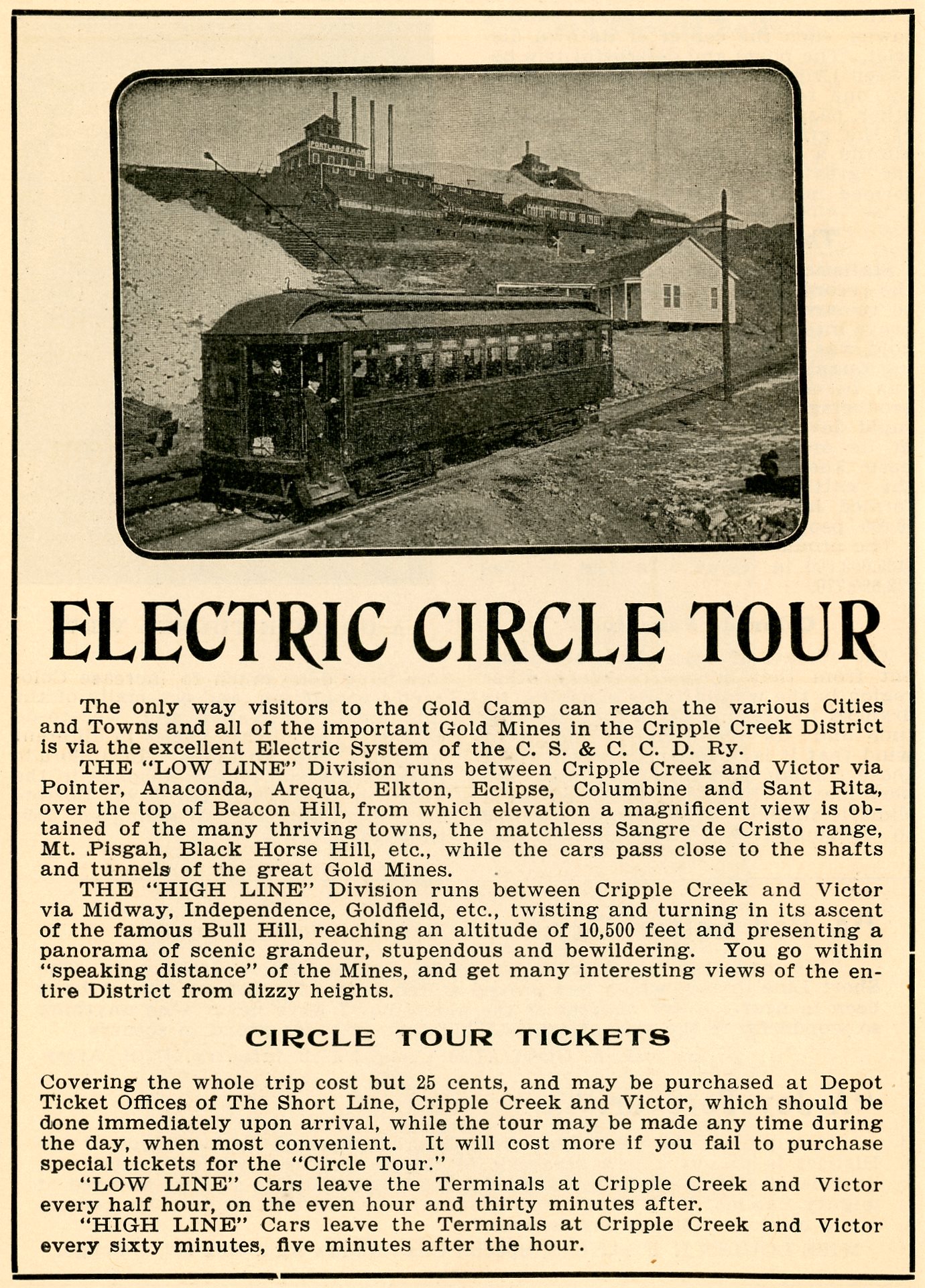 Ad; Electric Circle Tour {Trolley Seen Climbing Battle Mountain Below the Portland Mine]
