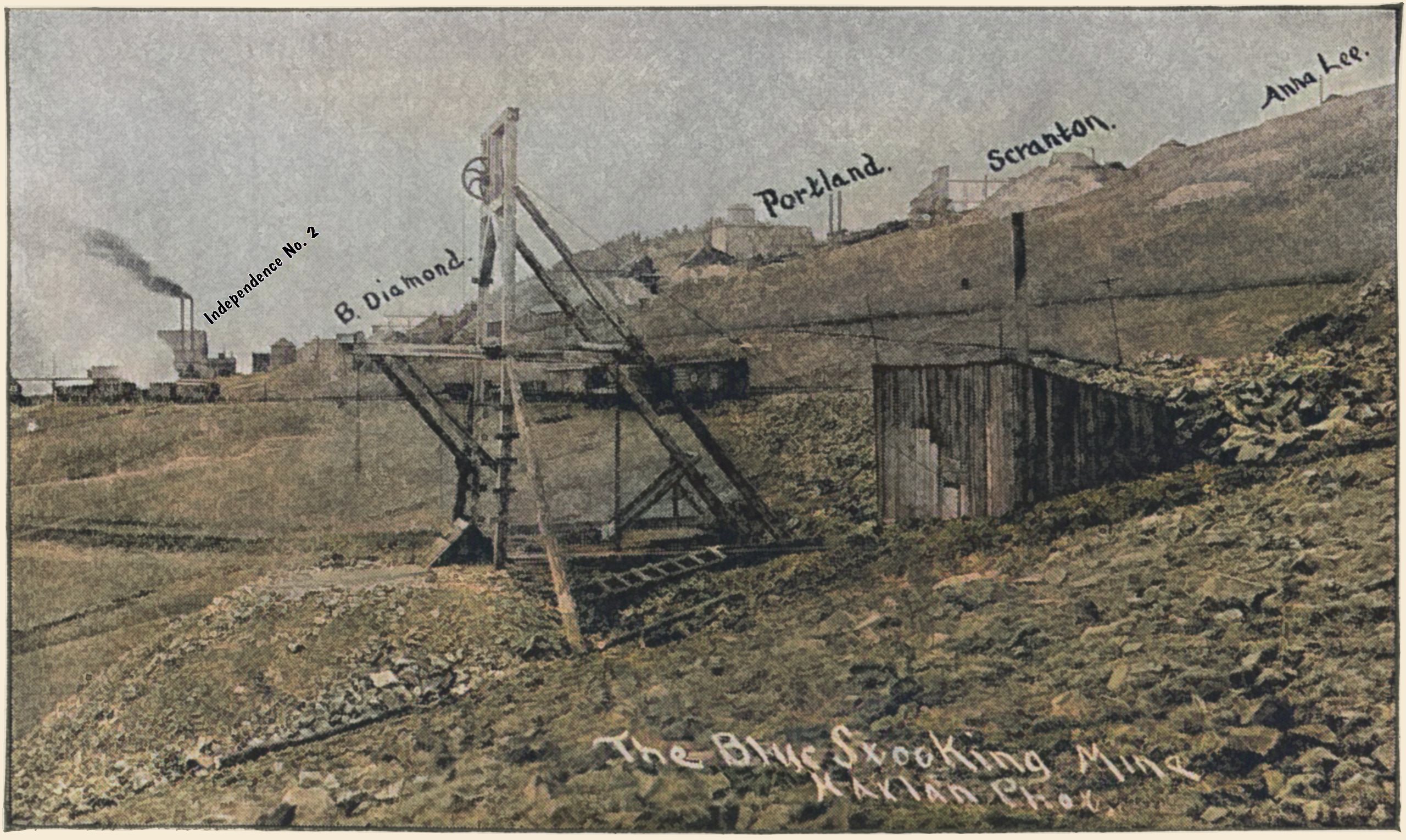 As this photo appears in a February/March 1896 publication, this dates the photo to no later than early 1896, but more likely to 1895, I doubt 1894 but can't see anything in the view to rule it out either...
   Why Mr. Harlan indicates Independence Mine No. 2 as Portland No. 2 I do not know, but this is at least the second image I've seen him do it on. Both are from around 1895/1896, so either that mine used to locally be known as that, or he just has his info crossed... Me think the latter. Other publications from this timeframe say that the structure is the Independence No. 2 Mine, including a Sanborn fire Insurance Map. The Portland No. 2 is further uphill from No. 1, in this view that would be outside the view at top right.
   The small mine in the foreground is operations on the Blue Stocking Mine, not sure which part of the claim as per info in Hills 1900 Manual this claim is partly owned by two companies, whereas the Portland Gold Mining Company is one of those. Same is the Black Diamond, the Scranton and the Anna Lee mines, all marked out in this view, all of them also became part of the great Portland Gold Mining company.
   About middle of image, top/down, the Midland Terminal roadbed of the mainline along Battle Mountain is seen, and in just a couple of years this scene will change very much as the dumps grows to immense dimensions.
   I did procure the colored version of this image, if that is what you see. Source was grayish, or in common speech black & white. Used an online service and tweaked and worked with image to get what looks best to my eyes at the moment.