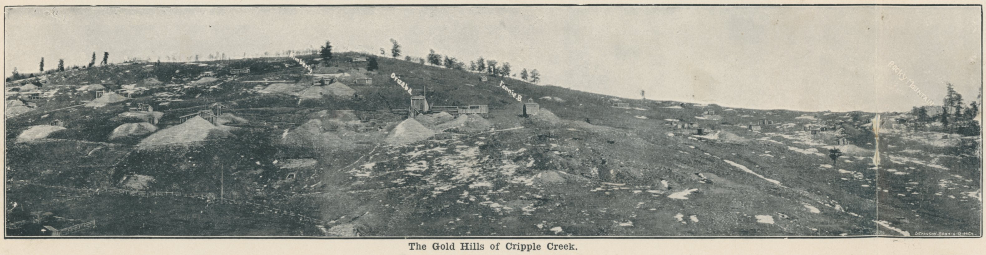 This is a view at the northwest slope of Beacon Hill, showing many small mine operations, most without any names linked to the structure seen. Some are thankfully marked out though: like the Kimberly, Orizaba, Fannie B., and the Rocky Mountain, that last one is found all to the right-hand side of the image. Quality is not the best, due to the printed type and the engraver having exaggerated the structures.
   I have a feel the one marked Kimberly is in reality the Little May operation, but I do not know, it is just a feel.