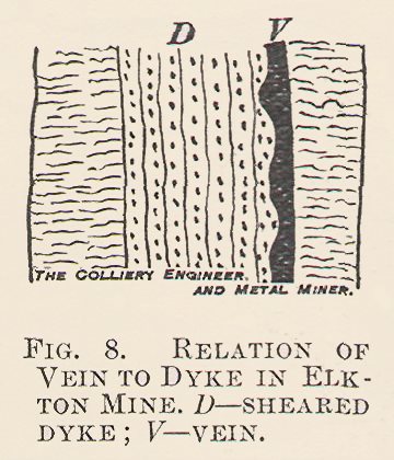Relation of Vein to Dyke in Elkton Mine. D=Sheared Dyke; V=Vein.
