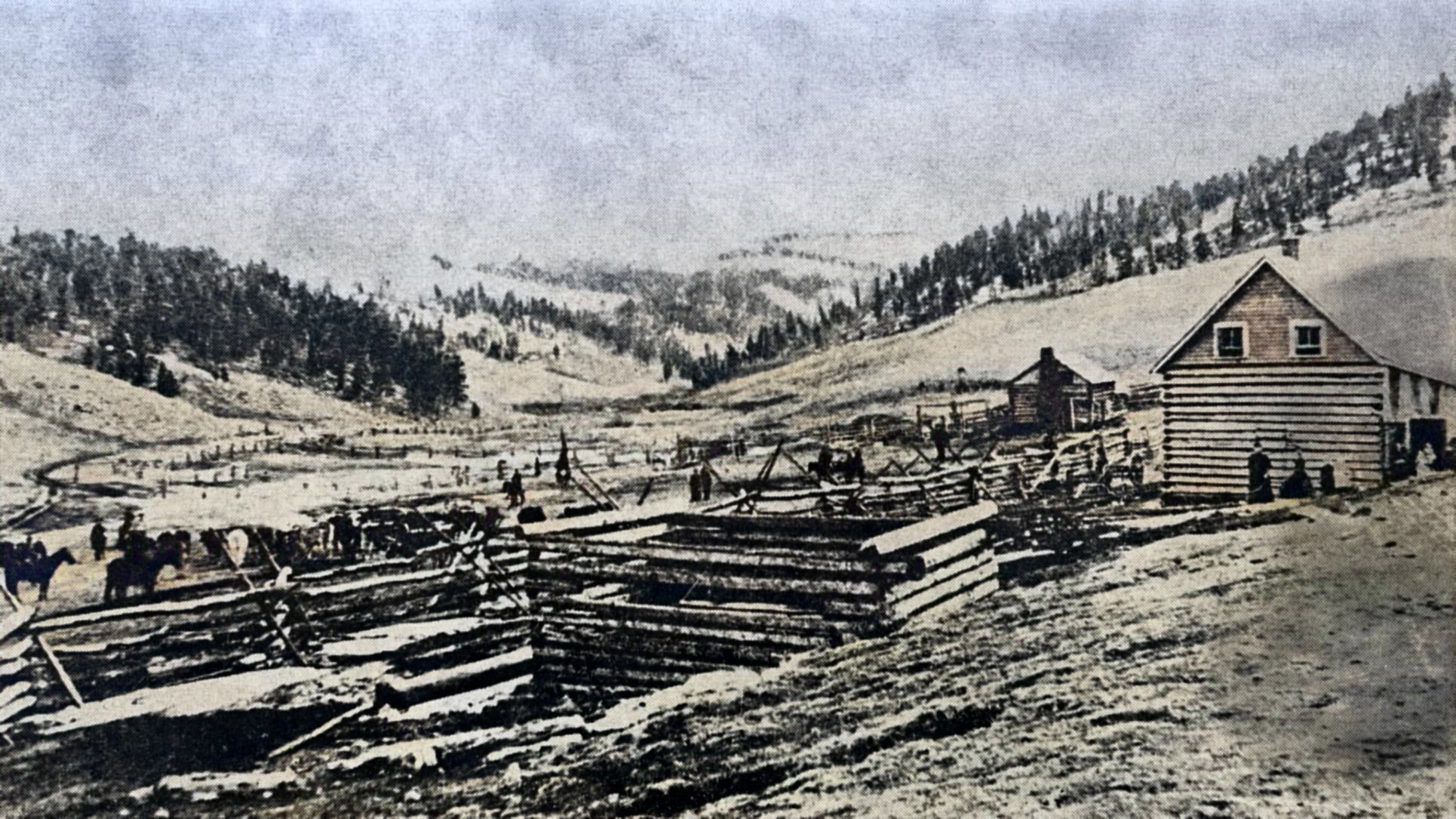 Scene at the Carr Ranch with Cowboys, Cattle and Structures