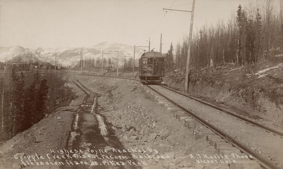 Highest Point Reached By Cripple Creek District Electric Railroad, Elevation 11200 Ft. - Pike's Peak in Background, Photo: A.J. Harlan