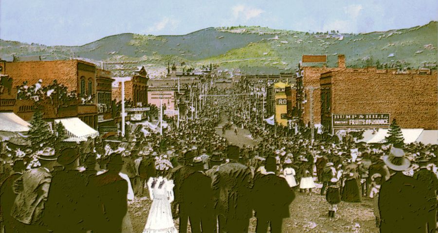 View of lot of people gathering along Bennett Avenue, Cripple Creek