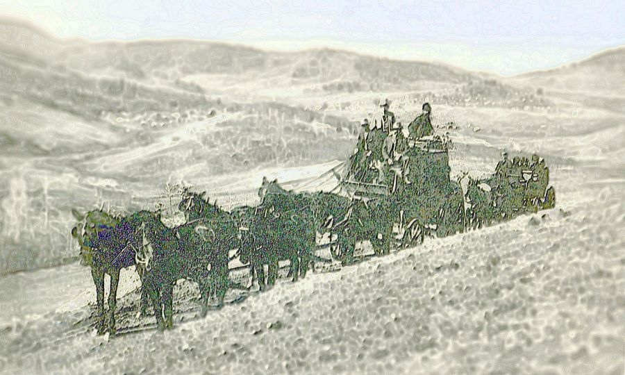 View of the Hundley Stages leaving Cripple Creek over Tenderfoot Hill around 1894