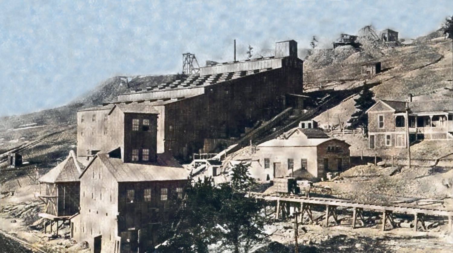 Colored view towards the Ajax Cyanide Mill at the Ajax Gold Mine on Battle Mountain, Victor, Colorado, USA