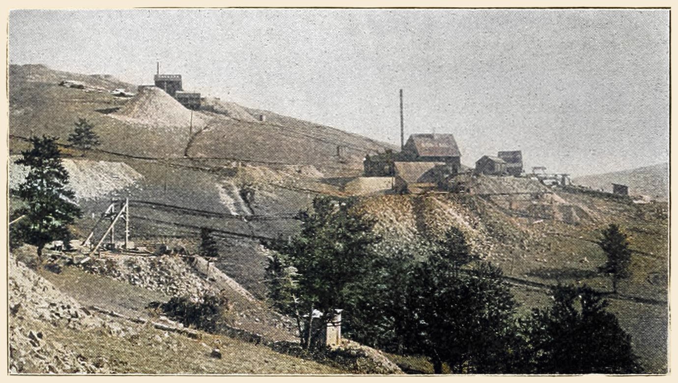 As a nearly identical photo appeared in a February/March 1896 publication, and copyrighted 1895, I assume this photo to been taken no later than sometime in 1895 as well.
   This scene on Battle Mountain is an early one, from before the Golden Circle Railroad was built, and the area drastically changed look/character. In foreground left-hand side, almost middle up, is the headframe of the Granite mine, with the dump of the Lowell mine seen about the height of the headframe up the hill. Further up the hill and a little to the right, against the sky, is the Shaft-house, ore-house and dump of the Anna Lee mine. Further downhill to the right, still against the sky, is the Shaft-house, ore-house, dump of the Bob Tail mine, while in the background right is structures belonging to the Portland Mine – possible already the early Burns Shaft of the Portland.
   I did procure the colored image; source had a gray-tone image, or in common speech black & white. Used an online service and tweaked and worked with image to get what looks best to my eyes at the moment.