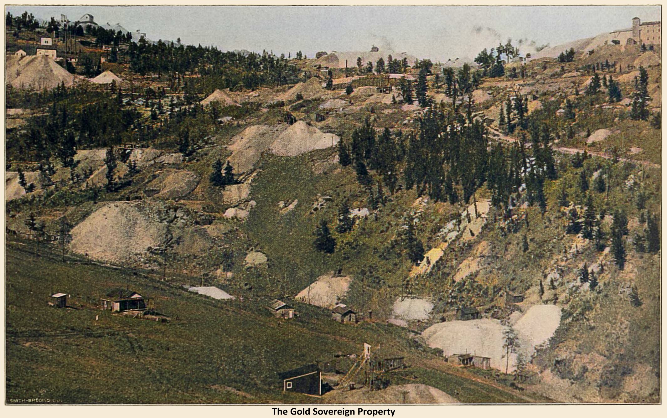 This is not the best quality image, but as I have not seen this view before I am happy to have what I have. View is at the south west slope of Bull Hill, taken from Raven Hill. It shows many mines and is an illustrative view at how mining looks as there are many small dumps, but also several large ones.
   * Up at upper left the American Eagle mine is seen against the sky, while the John A. Logan mine is just below a slightly bit to the left, with a huge dump in-front of it.
   * In upper right corner is the Blue Bird mine, also with a huge dump.
   * In foreground bottom, about center, I think the Mary L. mine operation is seen.
   * Across the gulch, large dump almost at bottom I think the Ben Harrison tunnel operation is seen.
   * The Dante mine is about center near top, seen as huge crib-walls, with the dumps of the Orpha May mine seen against the sky above.
   * The Gold Sovereign is some of the dumps at the left side, spread up the hill.
   I did procure the colored version of the image, source was gray-toned, or in common speech black & white. Used an online service and tweaked and worked with image to get what looks best to my eyes, including straightening and cropping this view.