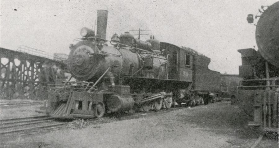 View of Midland Terminal locomotive No. 59 at Colorado Springs yards in March 1943
