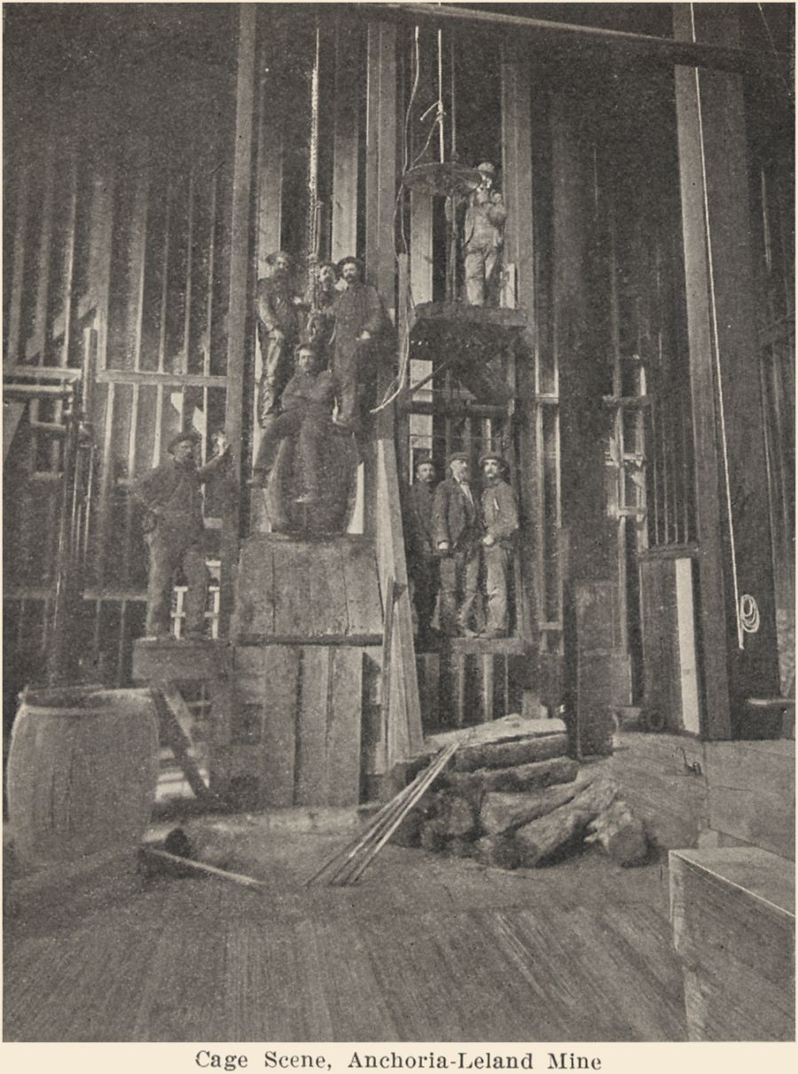Miners posing at Cage in the Anchoria-Leland Mine